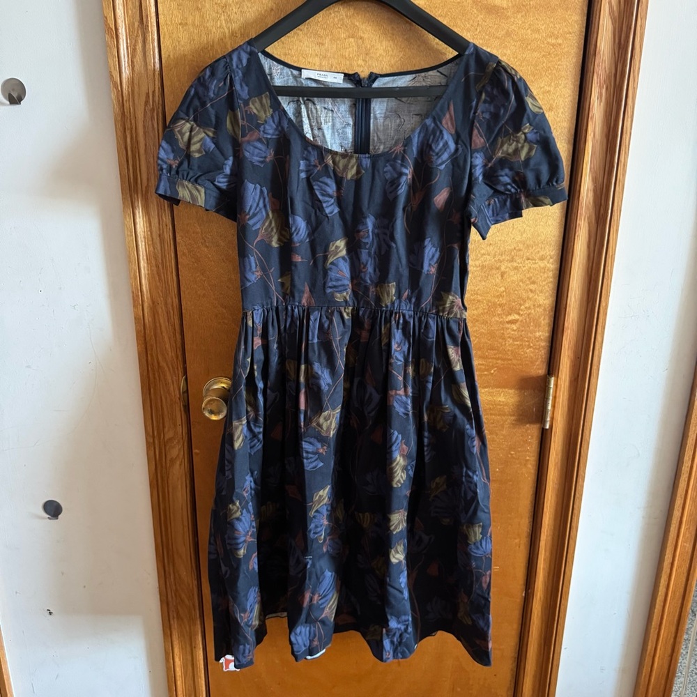 Prada Japan Navy Floral Short Puff Sleeve Fit &Flare Mini Dress Luxury Casual 44